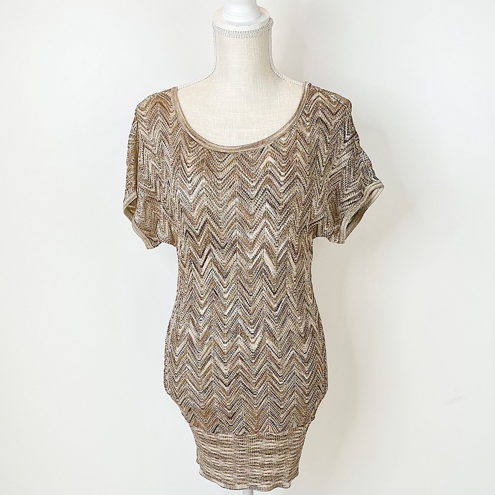 INC International Concepts Metallic Gold Chevron Short Sleeve Tunic Sweater